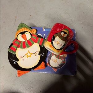 Ceramic Penguin Christmas Holiday Mug and Plate Set
